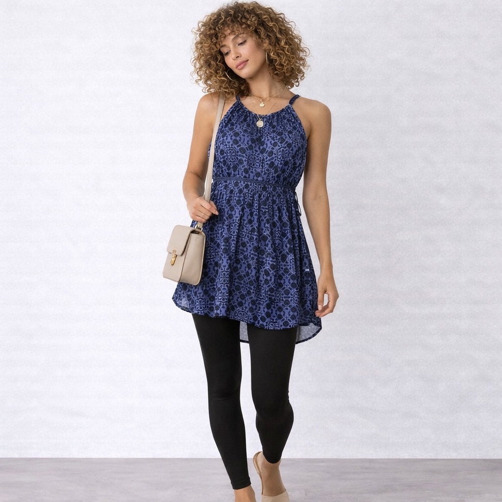 Free People Mid Summers Day Tunic Mini Dress Womens Small Blue Split Halter